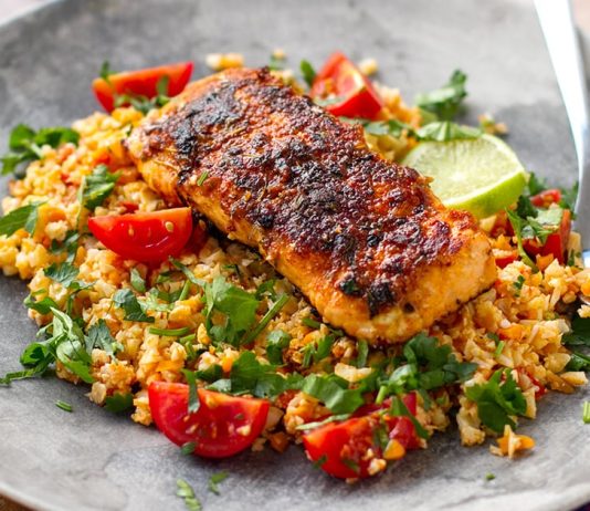 Cajun Lime & Honey Salmon With Tomato Cauliflower Rice