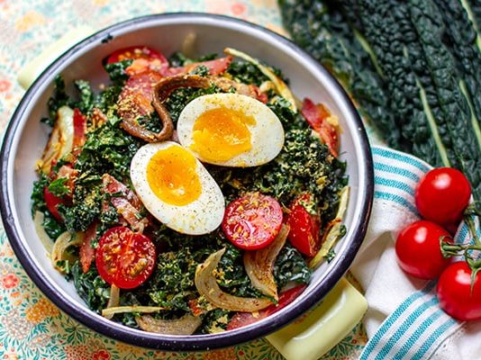 Paleo Kale Caesar Salad With Cherry Tomatoes & Soft-Boiled Egg