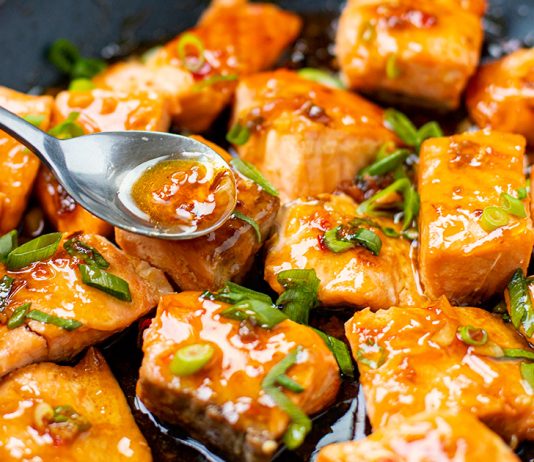 Salmon Bites With Sticky Sweet Chili Soy Glaze