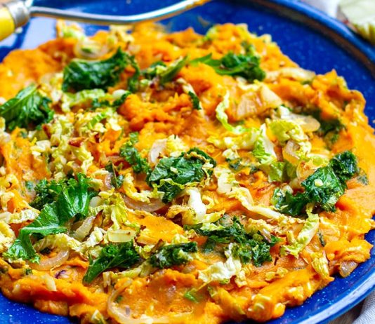 Sweet Potato Mash With Garlic, Cabbage & Kale (Paleo, Whole30)