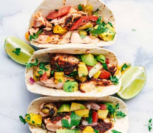 Grilled Spicy Blackened Salmon Tacos with Pineapple Avocado Salsa