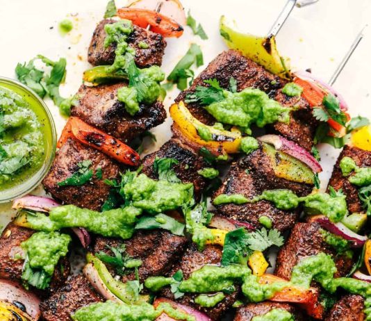 Grilled Steak Fajita Skewers with Avocado Chimichurri