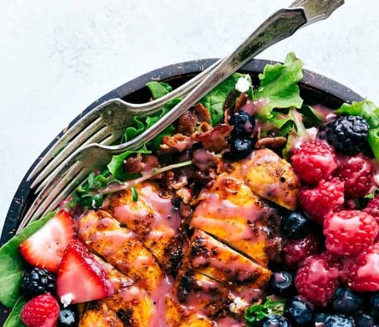Grilled Berry Feta Chicken Salad with a Sweet Chipotle Dressing