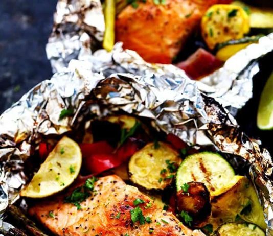 Grilled Lime Butter Salmon in Foil with Summer Veggies