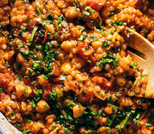 Pearl Couscous Skillet with Tomatoes, Chickpeas, and Feta Recipe