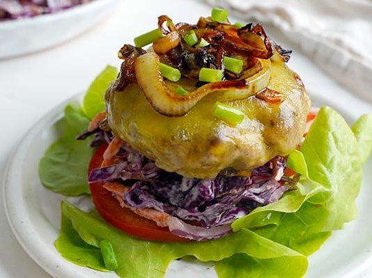 Grilled Onion Cheddar Burgers & Coleslaw